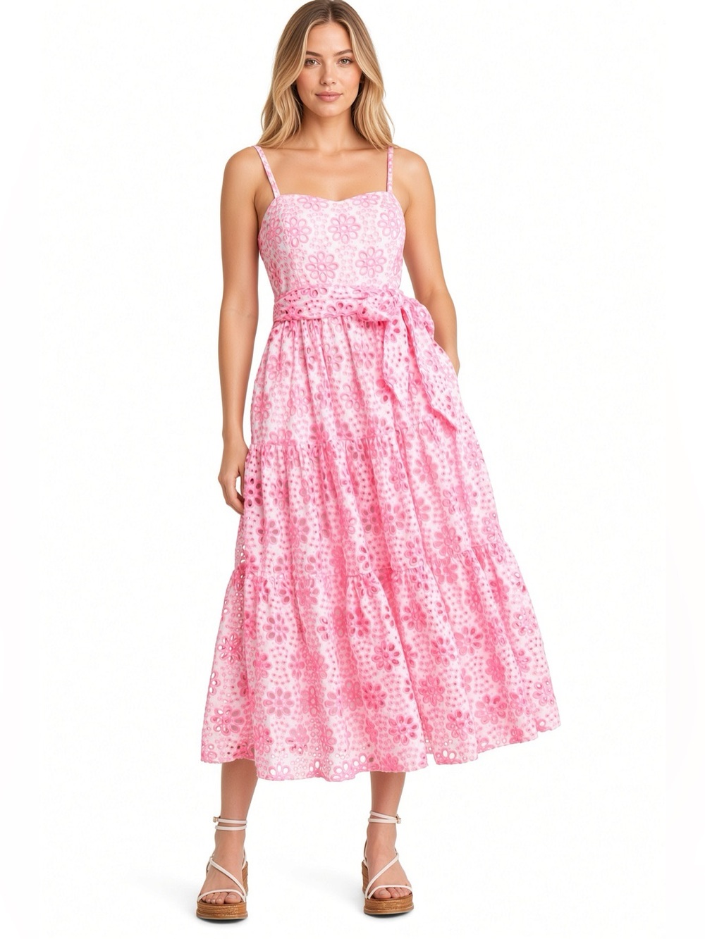 Lilly Pulitzer Pink Eyelet Tiered Midi Dress with Tie Waist Size 8 NWT
